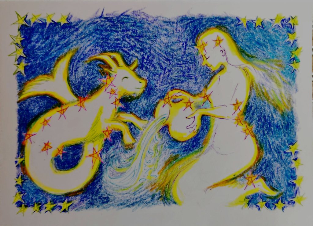 A drawing of a seagoat with a woman pouring water. They are around star patterns surrounded by a dark blue sky.